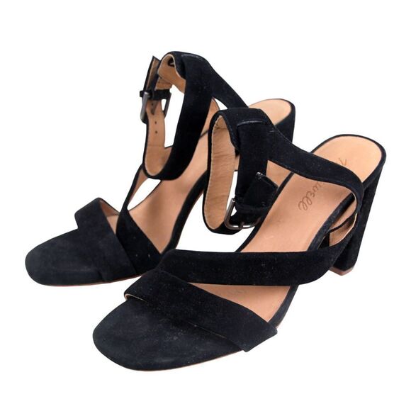 Madewell BLACK GENUINE LEATHER SUEDE HIGH HEEL OPEN TOE STRAPPY SANDALS Sz 8.5 - Picture 2 of 7